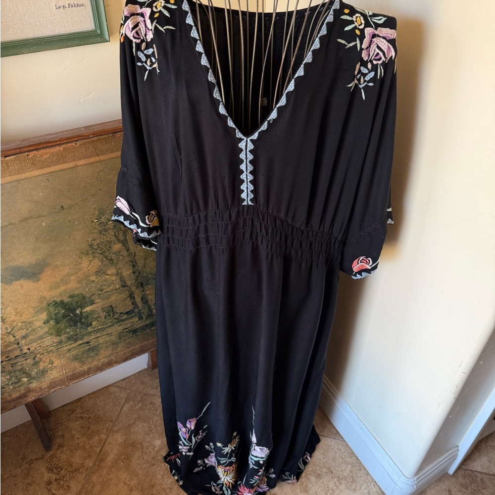 Johnny Was Black Maxi Dress with Floral Embroidery